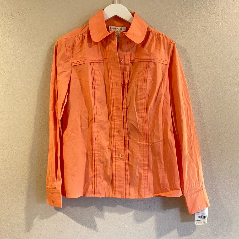 Doncaster Coral Pink Pin-tuck Pleated Blouse Stretch Cotton Size 6 Peach PUM NWT